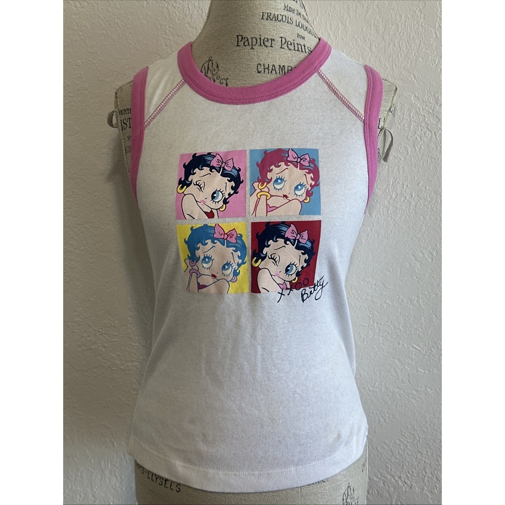 Vintage 2003 Betty Boop Tank Top Sleeveless T Shirt Sleepwear Large White Pink